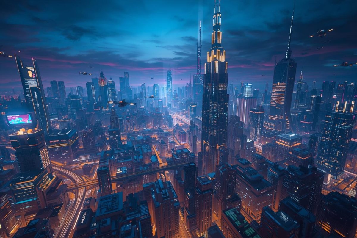 make me a futuristic city banner background. It should be a game city look.